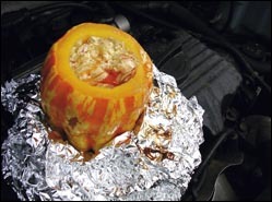 Pumpkin stuffed with venison and chorizo