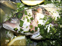 Sea bass stuffed with herbs